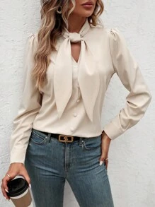 SHEIN Clasi Tie Neck Button Front Puff Sleeve Blouse,Long Sleeve Tops - Beige - View 5