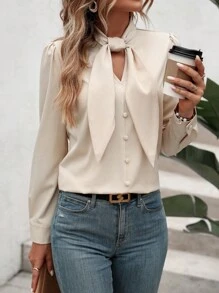 SHEIN Clasi Tie Neck Button Front Puff Sleeve Blouse,Long Sleeve Tops - Beige - View 6