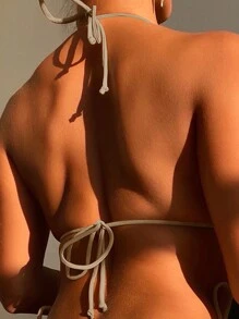Ring Linked Halter Triangle Bikini Top - White - View 2