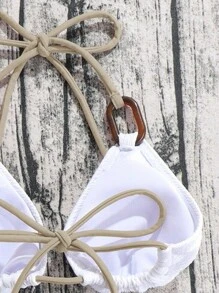 Ring Linked Halter Triangle Bikini Top - White - View 4