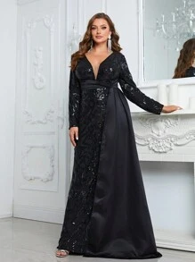 YISIKADO Plus Plunging Neck Sequin Panel Formal Dress - Black - View 1