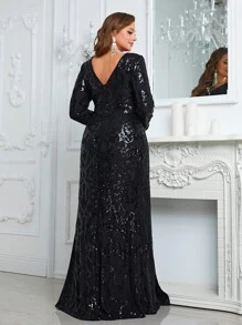 YISIKADO Plus Plunging Neck Sequin Panel Formal Dress - Black - View 2