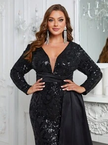 YISIKADO Plus Plunging Neck Sequin Panel Formal Dress - Black - View 3