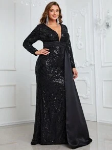 YISIKADO Plus Plunging Neck Sequin Panel Formal Dress - Black - View 4