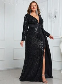YISIKADO Plus Plunging Neck Sequin Panel Formal Dress - Black - View 5
