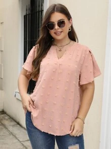 Nemidor Plus Swiss Dot Notched Neckline Blouse - Pink - View 1