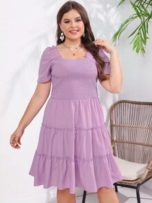 Plus Solid Ruffle Hem Dress - Lilac Purple - View 4