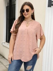 Nemidor Plus Swiss Dot Notched Neckline Blouse - Pink - View 3