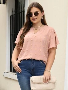 Nemidor Plus Swiss Dot Notched Neckline Blouse - Pink - View 4