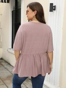 Nemidor Plus Eyelet Embroidery Batwing Sleeve Peplum Tee - Pink - View 2