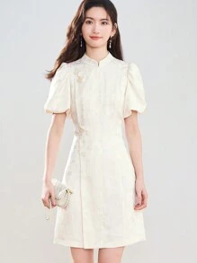 花卉圖案提花泡泡袖旗袍領連衣裙 - 米色 - 查看 1