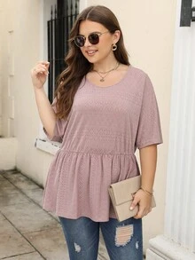 Nemidor Plus Eyelet Embroidery Batwing Sleeve Peplum Tee - Pink - View 3