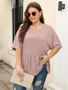 Nemidor Plus Eyelet Embroidery Batwing Sleeve Peplum Tee - Pink - View 4