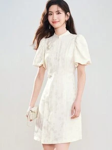 花卉圖案提花泡泡袖旗袍領連衣裙 - 米色 - 查看 3