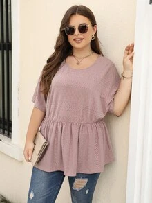 Nemidor Plus Eyelet Embroidery Batwing Sleeve Peplum Tee - Pink - View 7