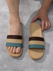 Men Color Block Single Band Bedroom Slippers, Casual Summer Fabric Slippers