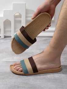 Men Color Block Single Band Bedroom Slippers, Casual Summer Fabric Slippers