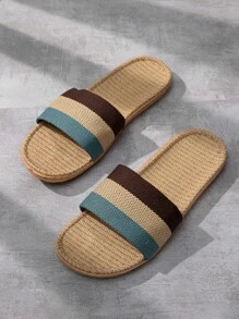 Men Color Block Single Band Bedroom Slippers, Casual Summer Fabric Slippers