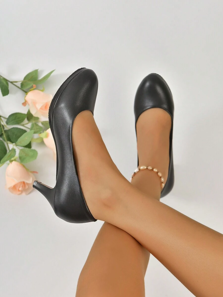 女性一腳蹬錐形高跟高跟鞋,優雅黑色淺口高跟鞋適用於戶外