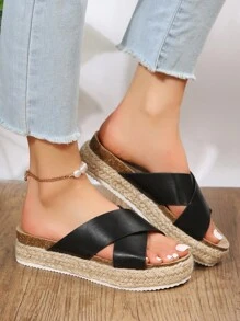 女士時尚休閒交叉帶黑色厚底坡跟涼鞋 - 黑色 - 查看 2