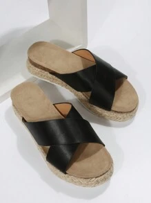 女士時尚休閒交叉帶黑色厚底坡跟涼鞋 - 黑色 - 查看 4