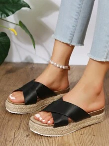 女士時尚休閒交叉帶黑色厚底坡跟涼鞋 - 黑色 - 查看 6