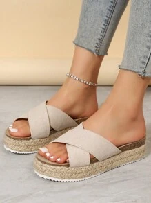 Women's Fashionable Casual Classic Crossed Beige Wedge Sandals With Thick Soles