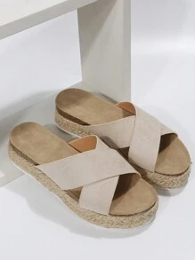 Women's Fashionable Casual Classic Crossed Beige Wedge Sandals With Thick Soles