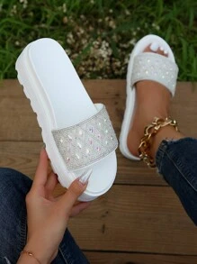 女性水鑽裝飾涼鞋,魅力四射白色坡跟涼鞋 - 白色 - 查看 1