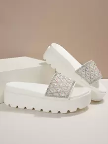 女性水鑽裝飾涼鞋,魅力四射白色坡跟涼鞋 - 白色 - 查看 3