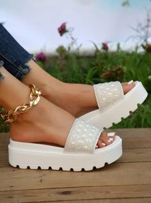 女性水鑽裝飾涼鞋,魅力四射白色坡跟涼鞋 - 白色 - 查看 7