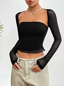 SHEIN EZwear Black Summer Tops Contrast Mesh Square Neck Crop Top