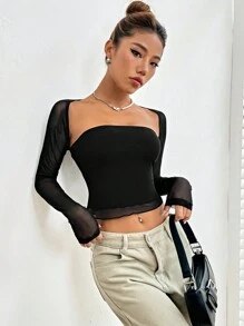 SHEIN EZwear Black Summer Tops Contrast Mesh Square Neck Crop Top