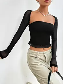 SHEIN EZwear Black Summer Tops Contrast Mesh Square Neck Crop Top