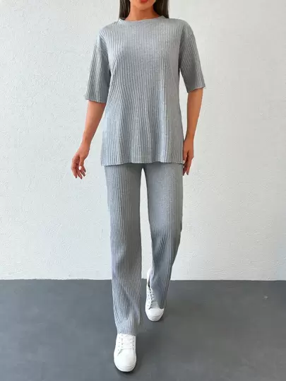 EURMUSE Solid Drop Shoulder Tee & Trousers