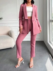 EURMUSE Lapel Neck Double Breasted Blazer & Trousers - Rose Red - View 1