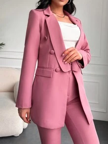 EURMUSE Lapel Neck Double Breasted Blazer & Trousers - Rose Red - View 4