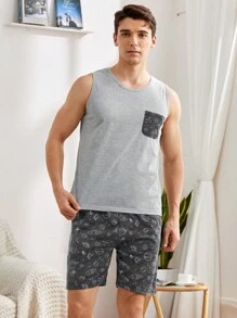 Conjunto De Pijama Para Hombre Con Bolsillo Delantero Estampado De Planetas - Multicolor - Ver 1