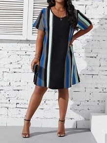 SHEIN LUNE 大碼休閒圓點 條紋連衣裙 - 彩色 - 查看 1