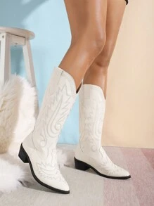 女式刺繡尖頭粗跟西靴，時尚戶外牛仔靴 - 白色 - 查看 1