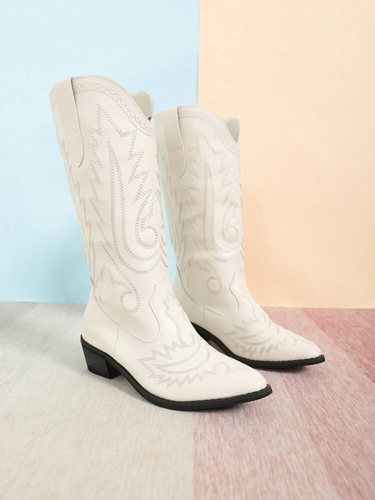 Women Embroidered Point Toe Chunky Heeled Western Boots, Fashion Outdoor Boots Cowboy Boots - White - View 3