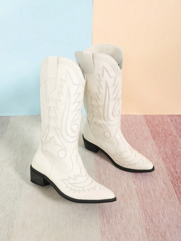 Women Embroidered Point Toe Chunky Heeled Western Boots, Fashion Outdoor Boots Cowboy Boots - White - View 4