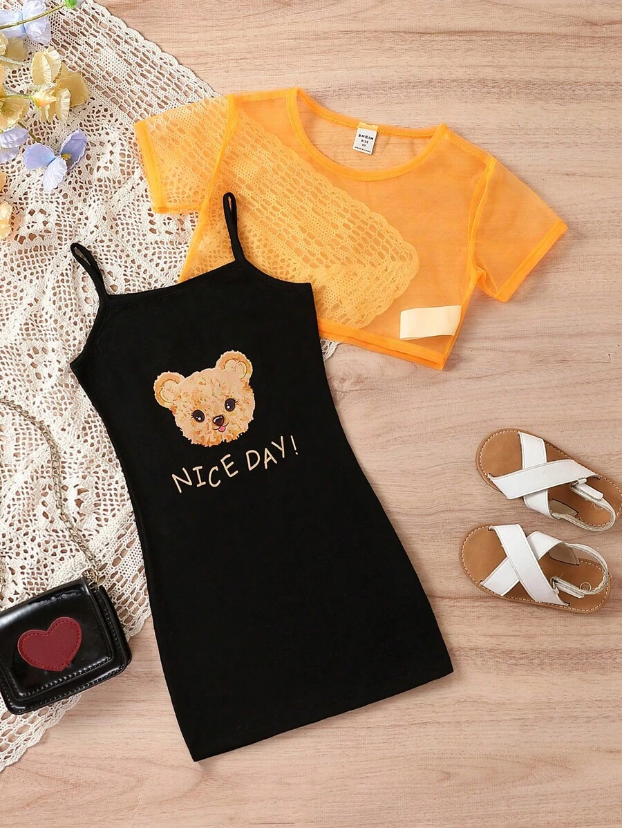 Toddler Girls Bear Print Cami Dress & Mesh Tee Set - Multicolor - View 1