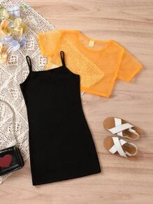 Toddler Girls Bear Print Cami Dress & Mesh Tee Set - Multicolor - View 2