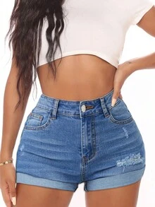 Shorts en mezclilla de talle alto desgarro bajo de doblez - Azul lavado medio - Ver 4