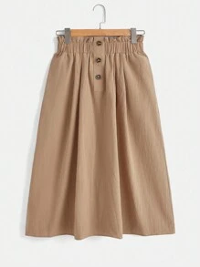 SHEIN LUNE Váy nữ Túi Nút phía trước Quần paper-bag màu trơn Giải trí - Màu Khaki - Xem 2