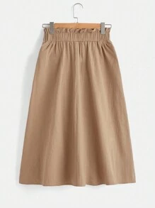 SHEIN LUNE Váy nữ Túi Nút phía trước Quần paper-bag màu trơn Giải trí - Màu Khaki - Xem 3