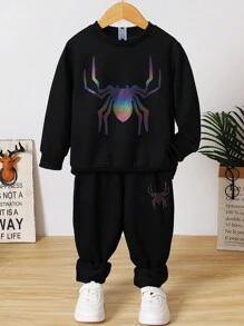 SHEIN Young Boy Reflective Spider Print Sweatshirt & Sweatpants - Black - View 6