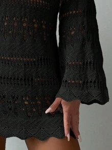 Selianne 鏤空貝殼邊罩衫洋裝不附比基尼 - 黑色 - 查看 6
