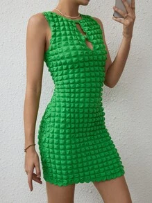 SHEIN Essnce Đầm Cắt ra Xù nhỏ màu trơn Gợi cảm - màu xanh lá - Xem 3